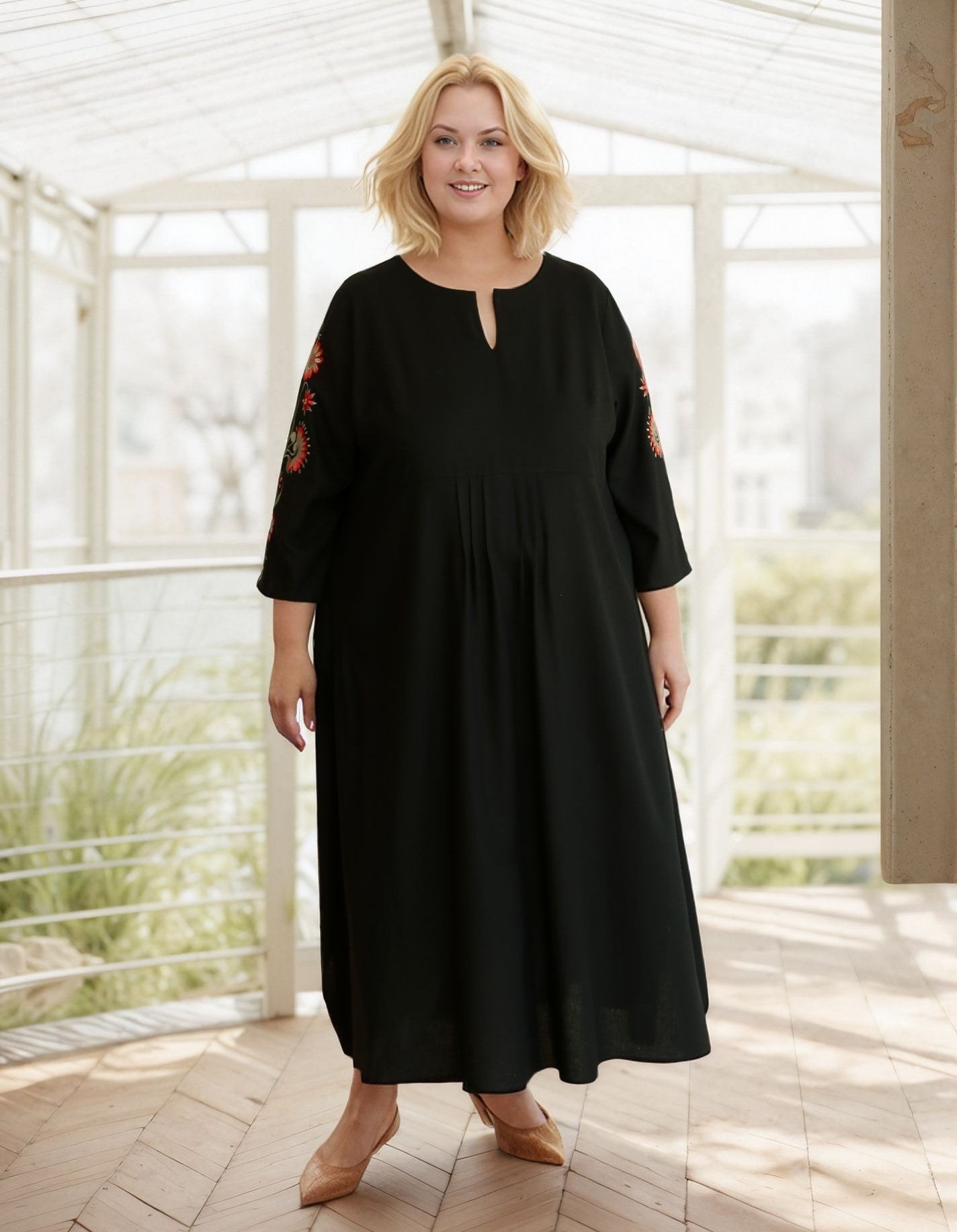 Plus Size Black Linen Embroidered Maxi Dress