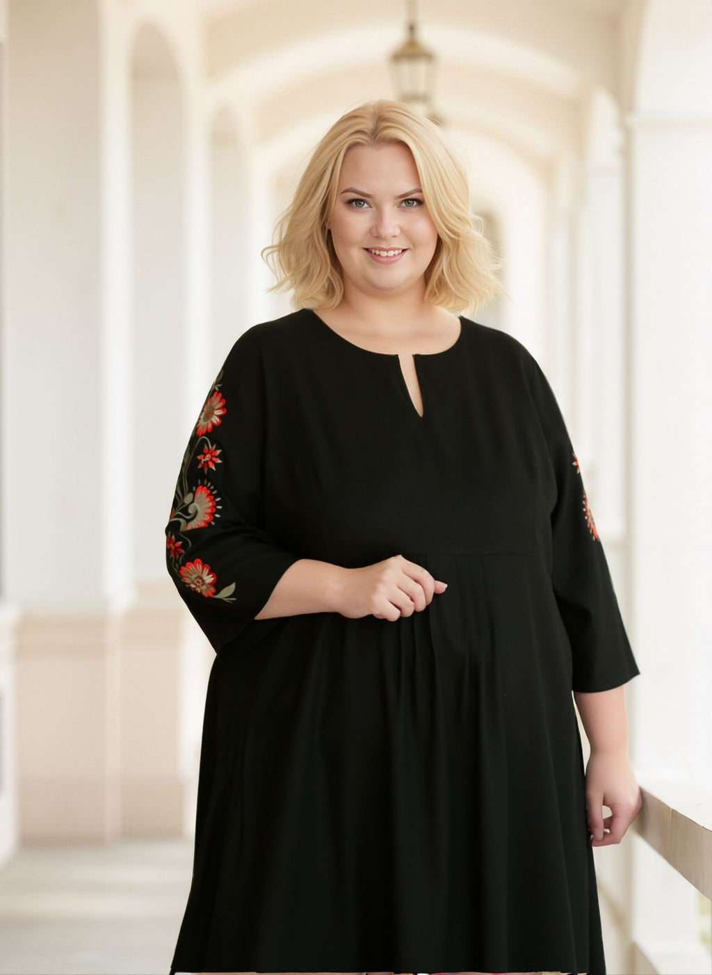 Plus Size Black Linen Embroidered Maxi Dress