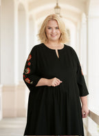Plus Size Black Linen Embroidered Maxi Dress