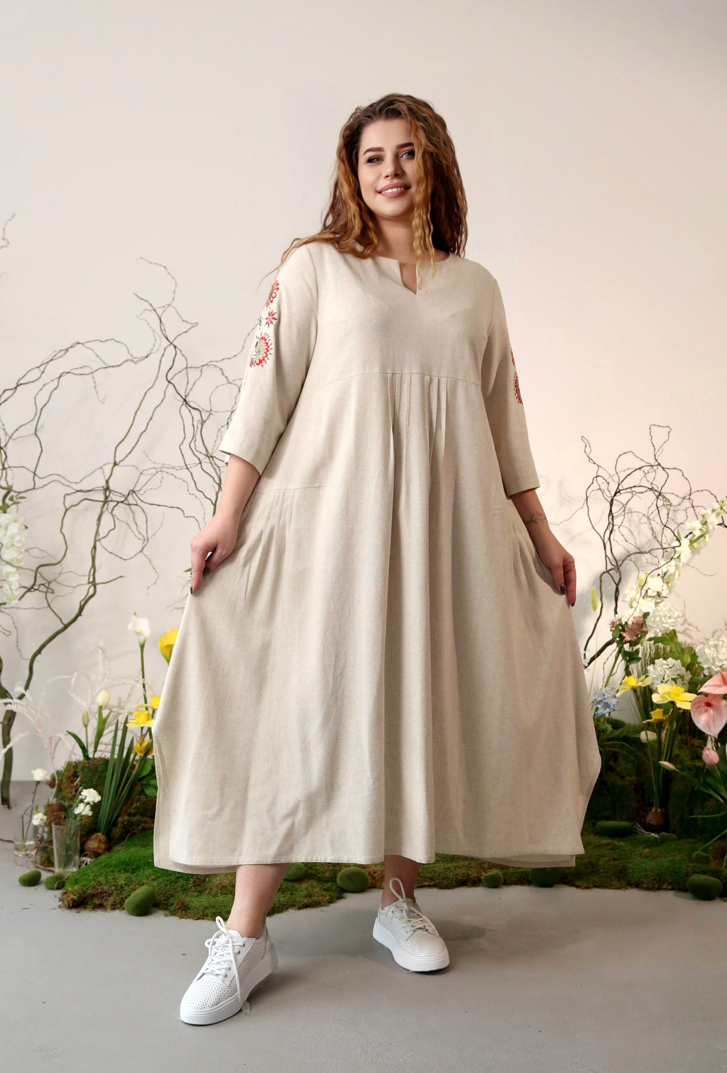 Plus Size Black Linen Embroidered Maxi Dress