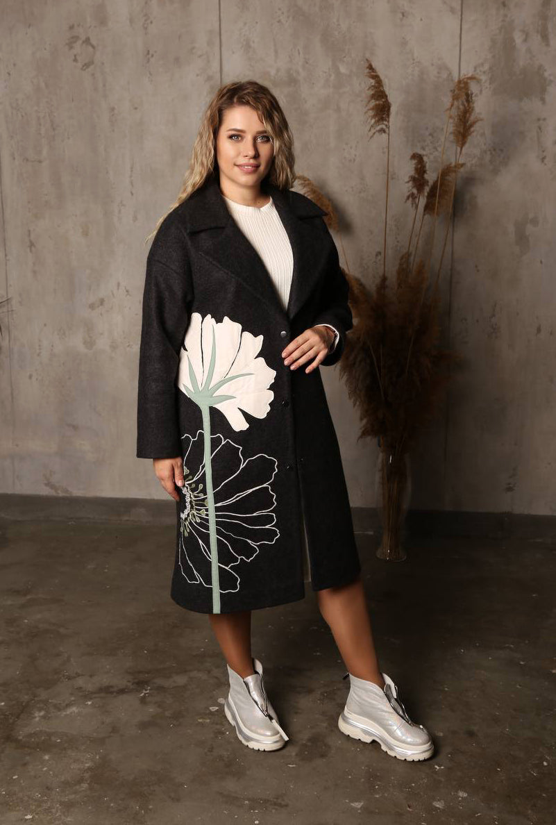 Floral Embroidered Black Wool Coat