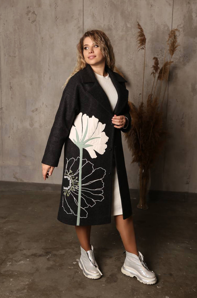 Floral Embroidered Black Wool Coat