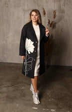Floral Embroidered Black Wool Coat