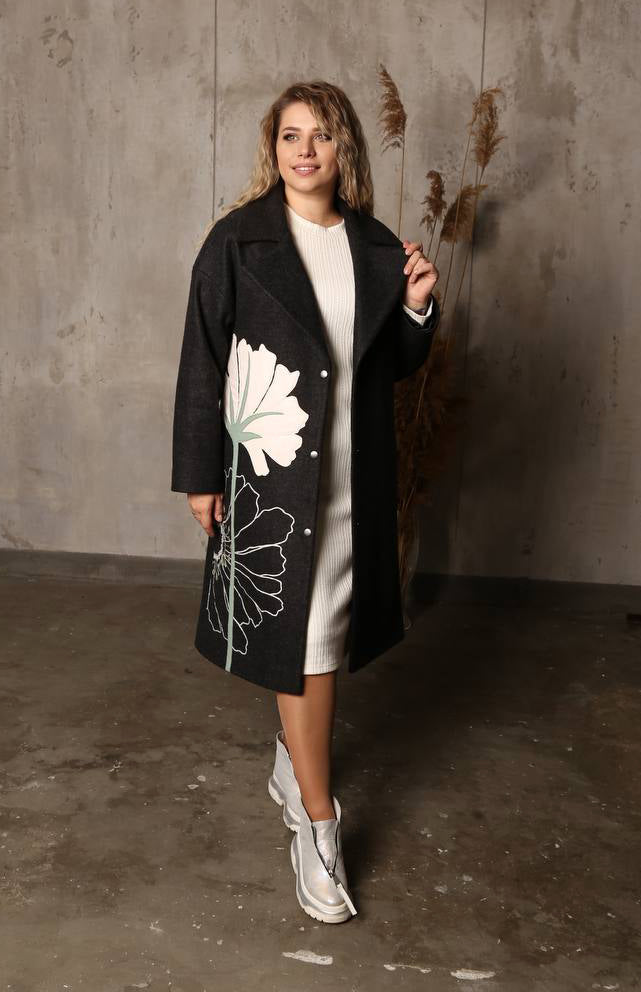 Floral Embroidered Black Wool Coat