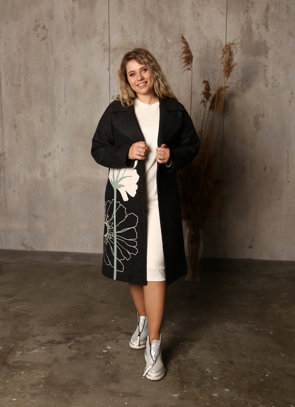 Floral Embroidered Black Wool Coat