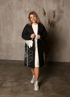 Floral Embroidered Black Wool Coat