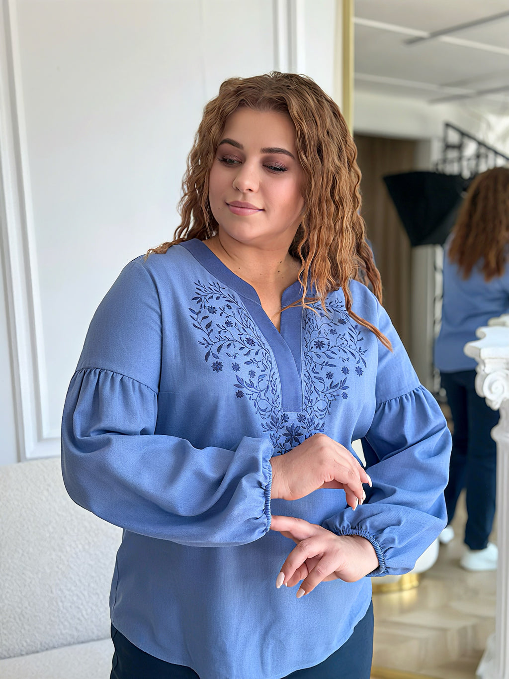 Plus Size Linen Embroidered Blouse for Women