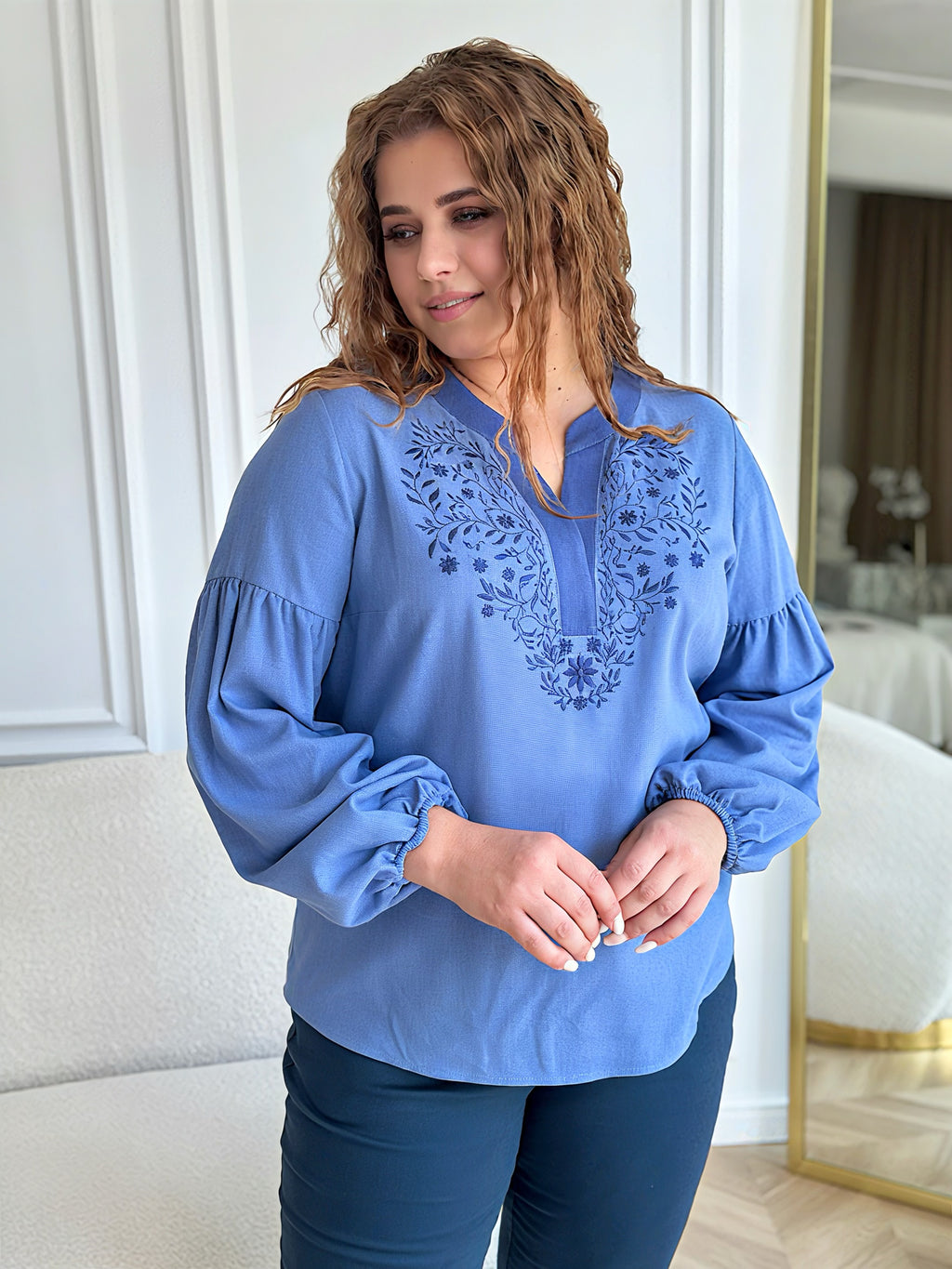 Plus Size Linen Embroidered Blouse for Women