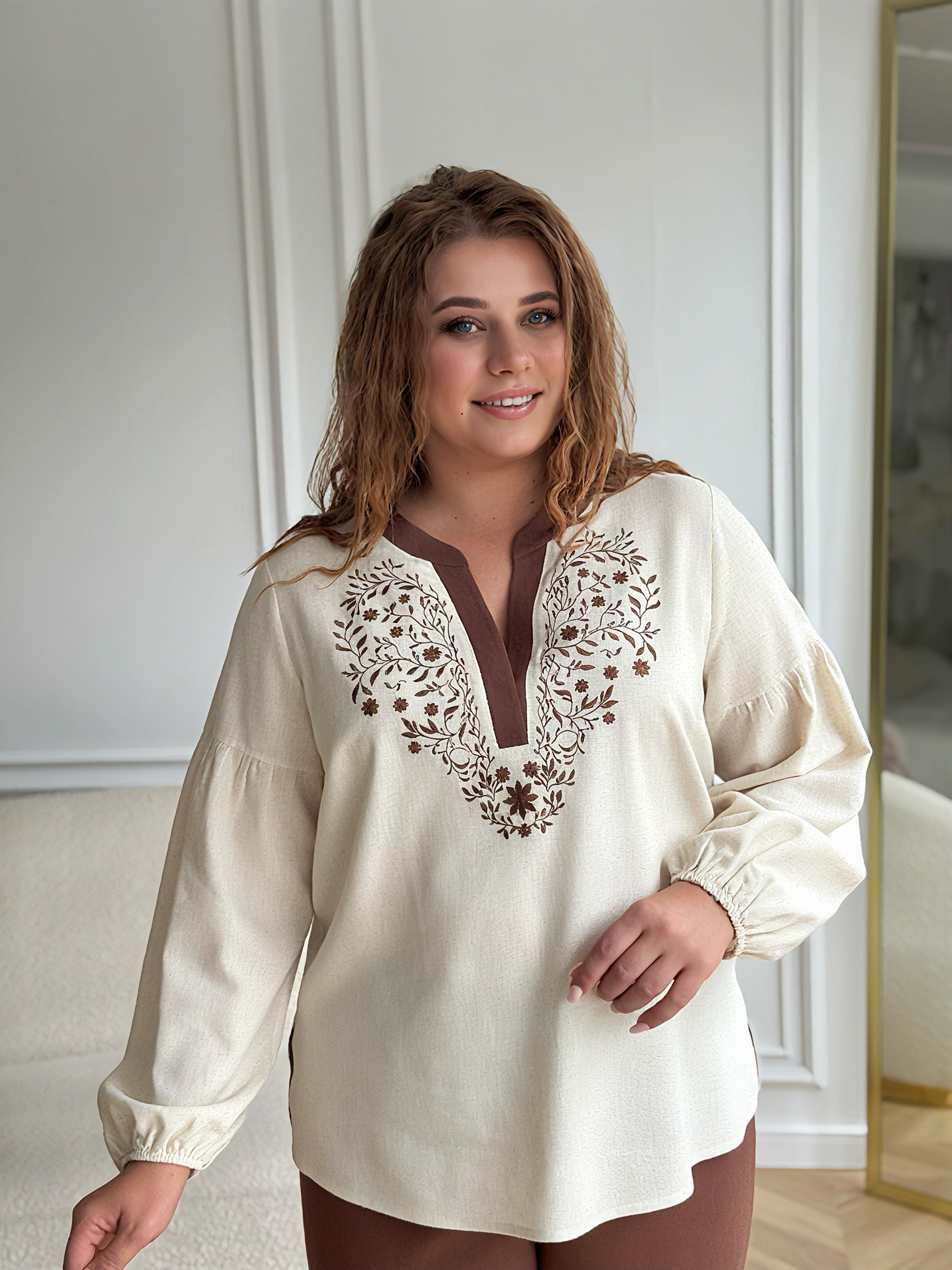Women’s Plus Size Linen Blouse with Embroidery