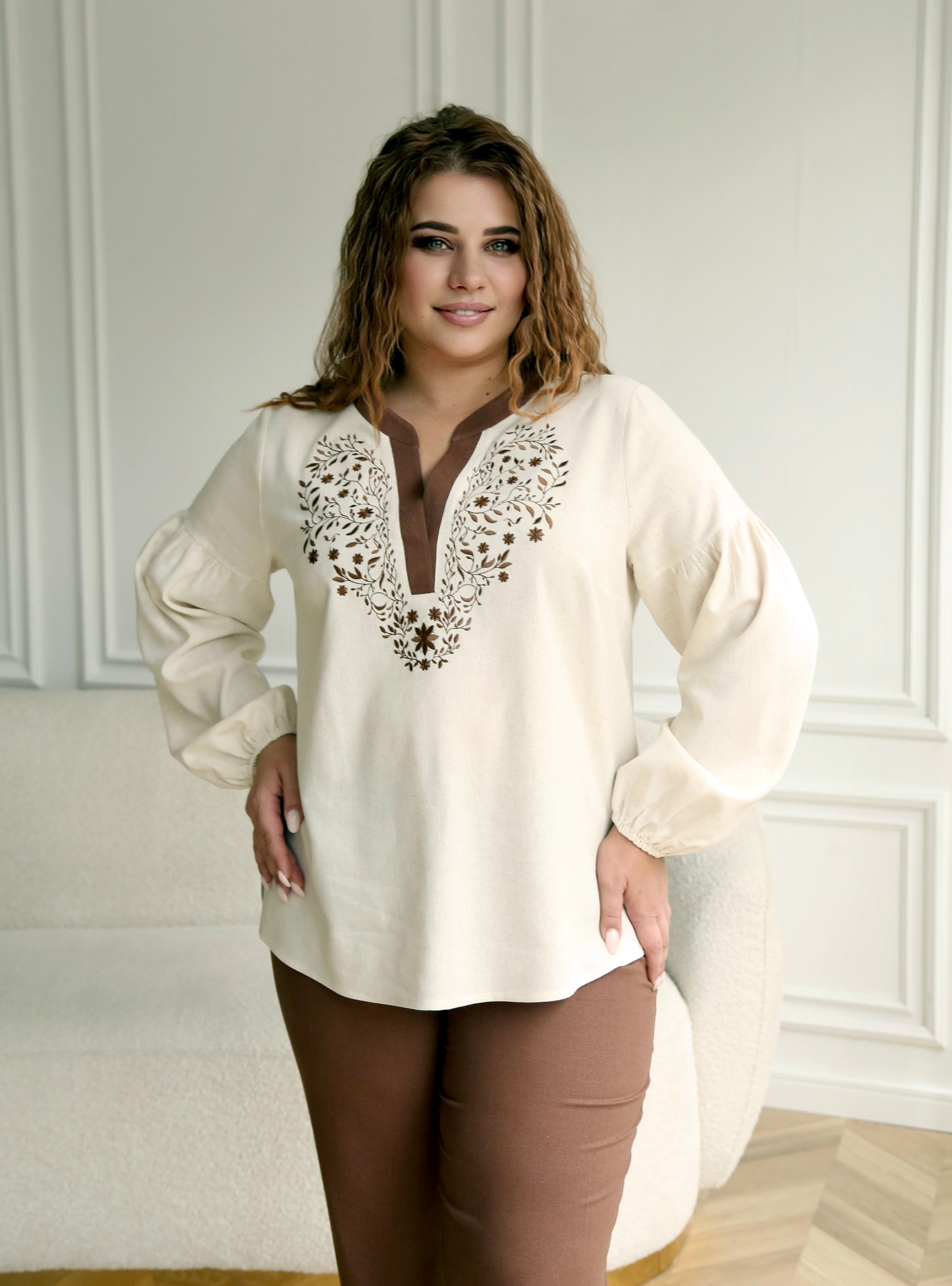 Women’s Plus Size Linen Blouse with Embroidery