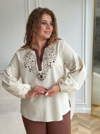 Plus Size Linen Embroidered Blouse for Women