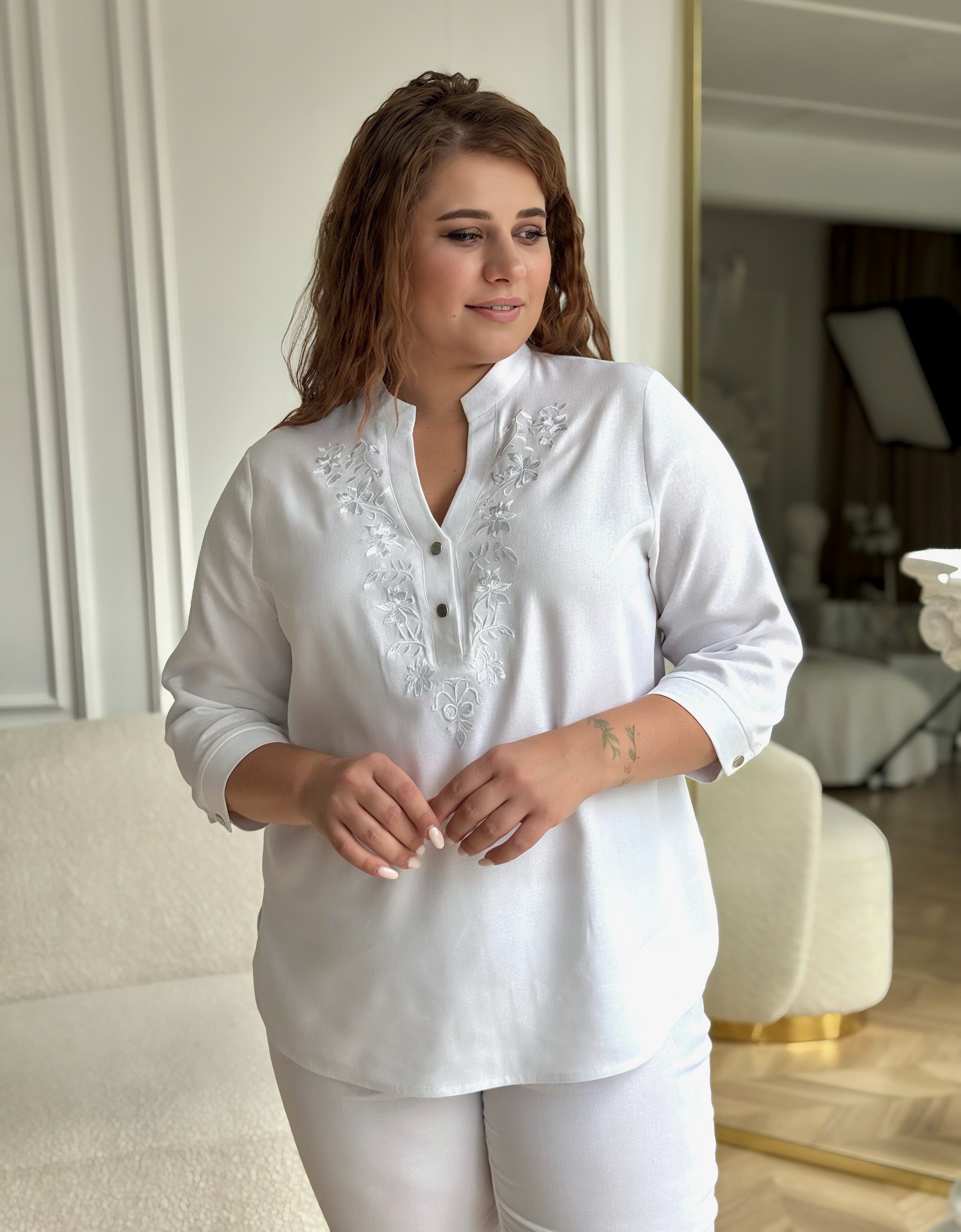 White Linen Embroidered Blouse