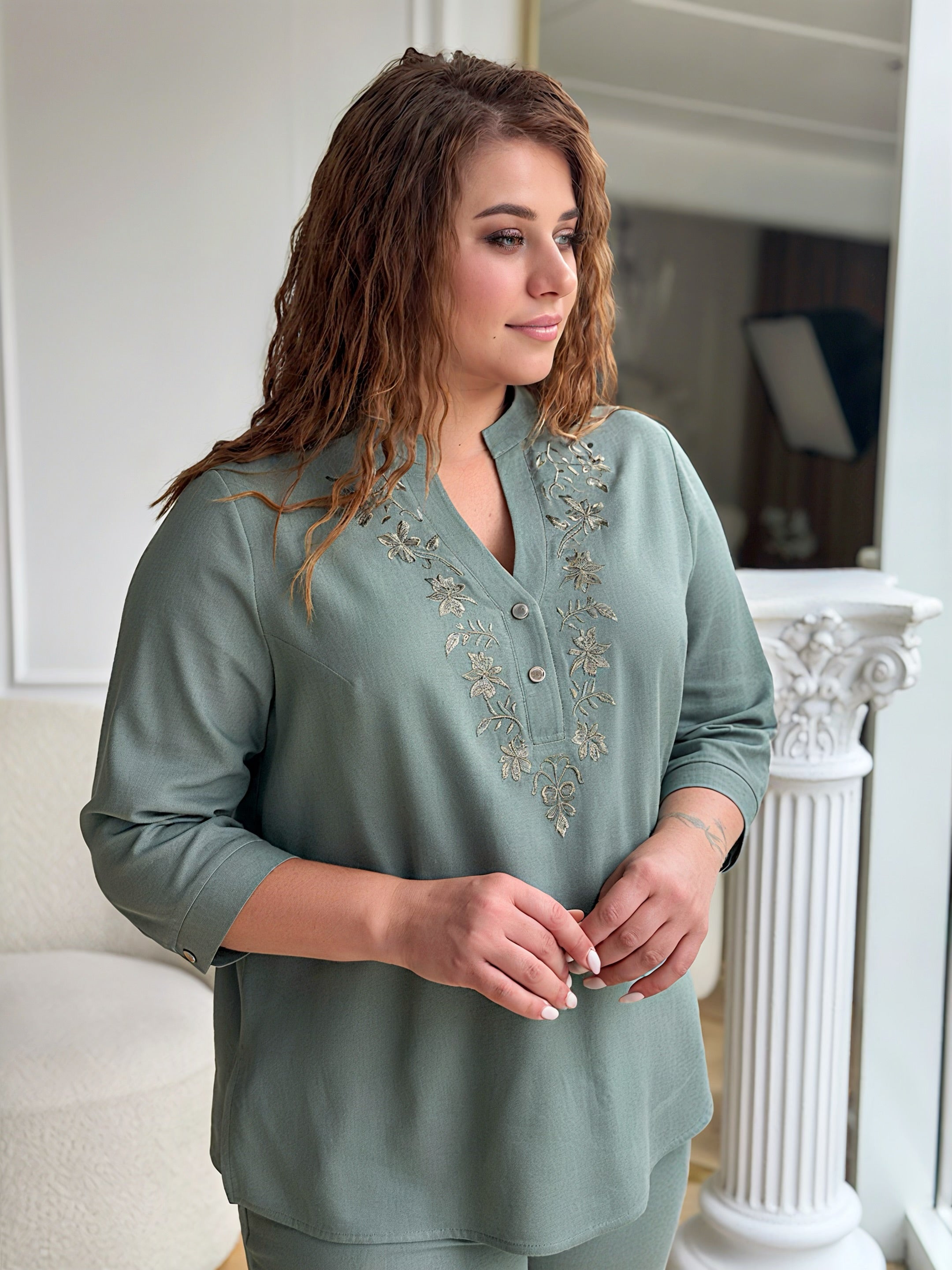 Beige Boho Top with Brown Embroidery