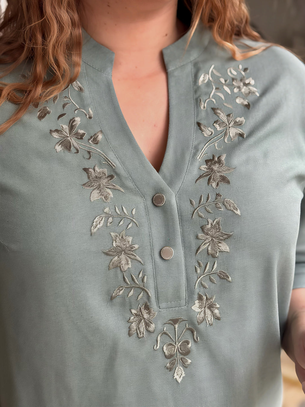 Green Linen Embroidered Blouse
