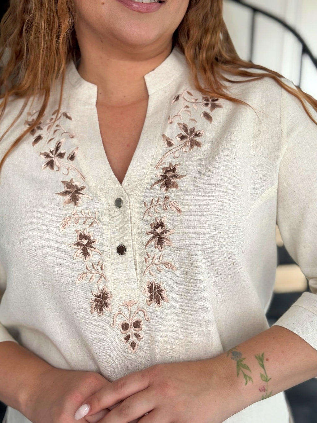 Beige Boho Top with Brown Embroidery