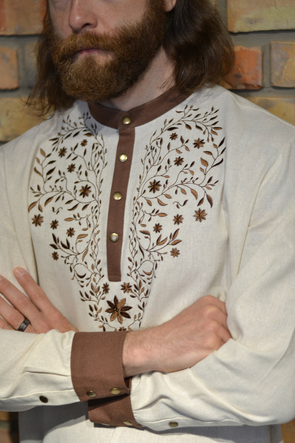 Folk embroidery plus size men's linen shirt