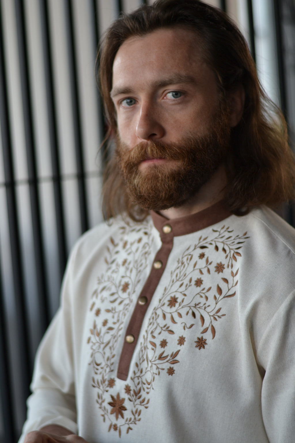 Folk embroidery plus size men's linen shirt