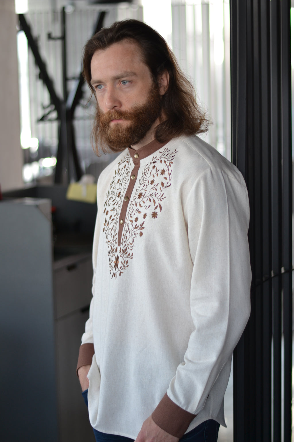 Folk embroidery plus size men's linen shirt