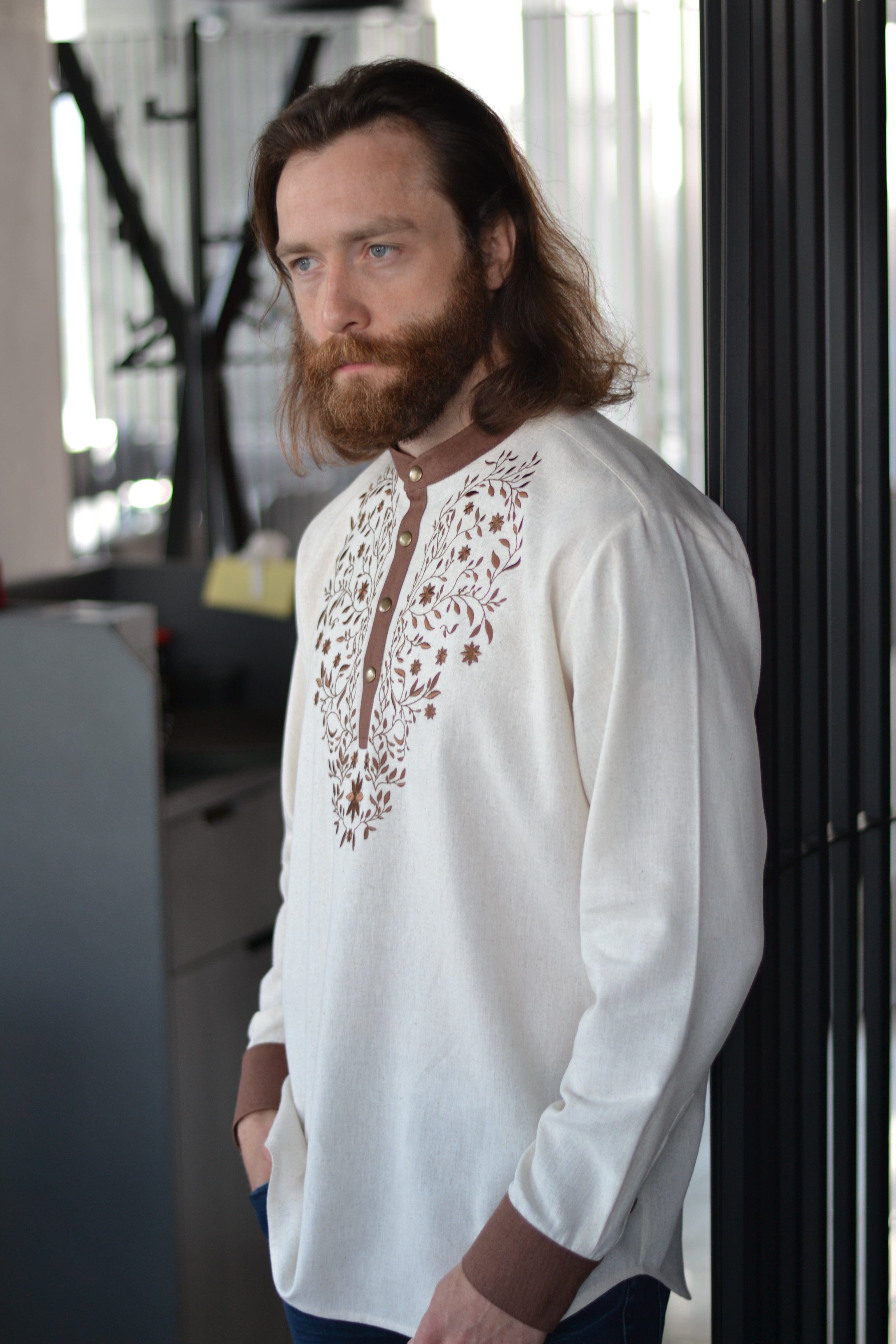 Folk embroidery plus size men's linen shirt