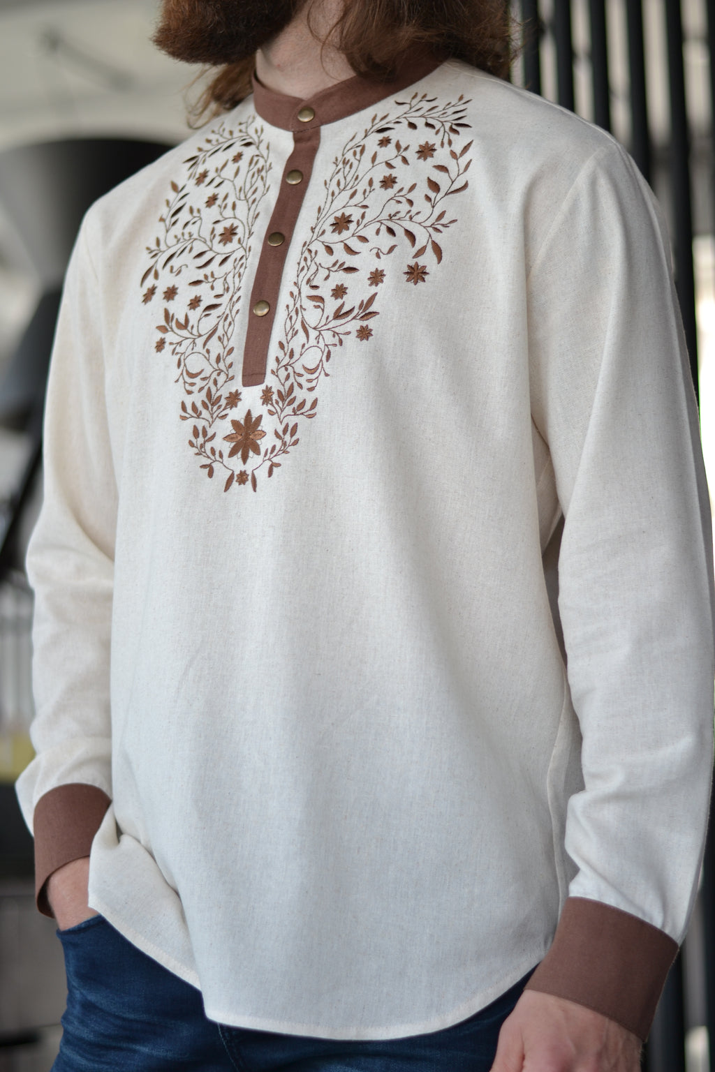 Folk embroidery plus size men's linen shirt