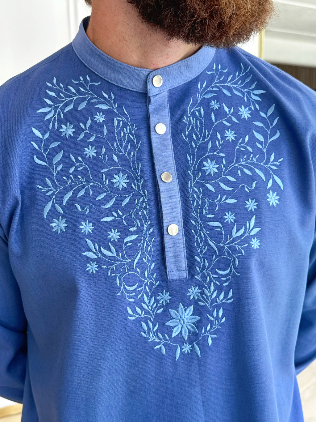 Men’s Linen Shirt with Handmade Blue Embroidery