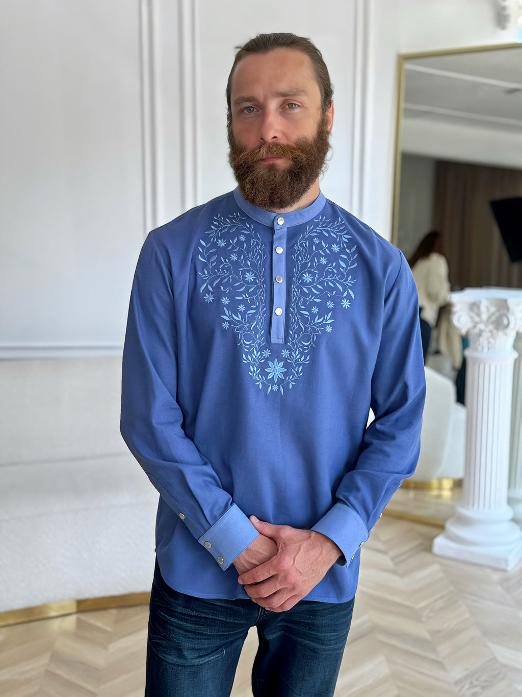 Men’s Linen Shirt with Handmade Blue Embroidery