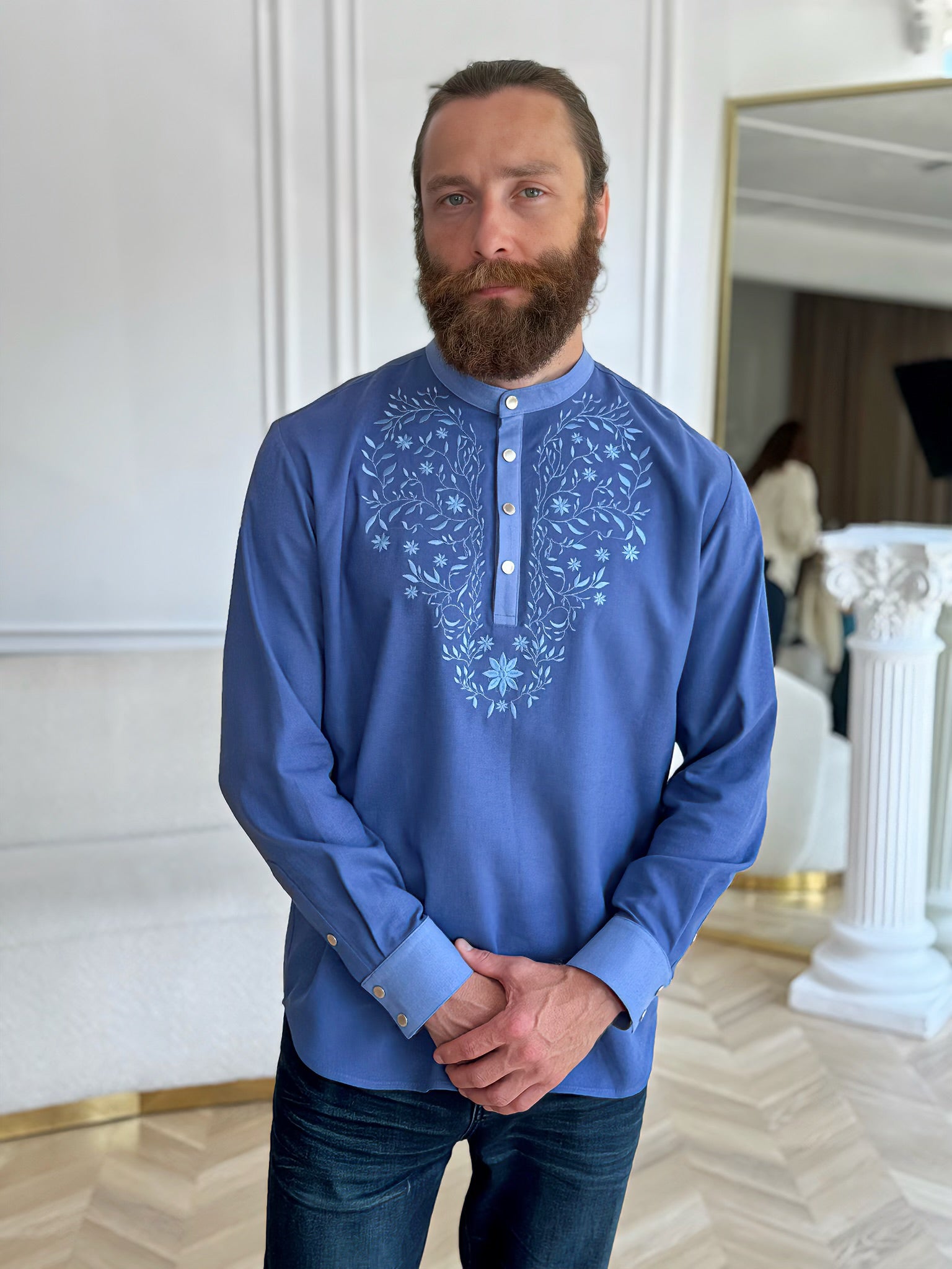 Men’s Linen Shirt with Handmade Blue Embroidery