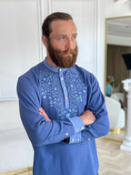 Men’s Linen Shirt with Handmade Blue Embroidery