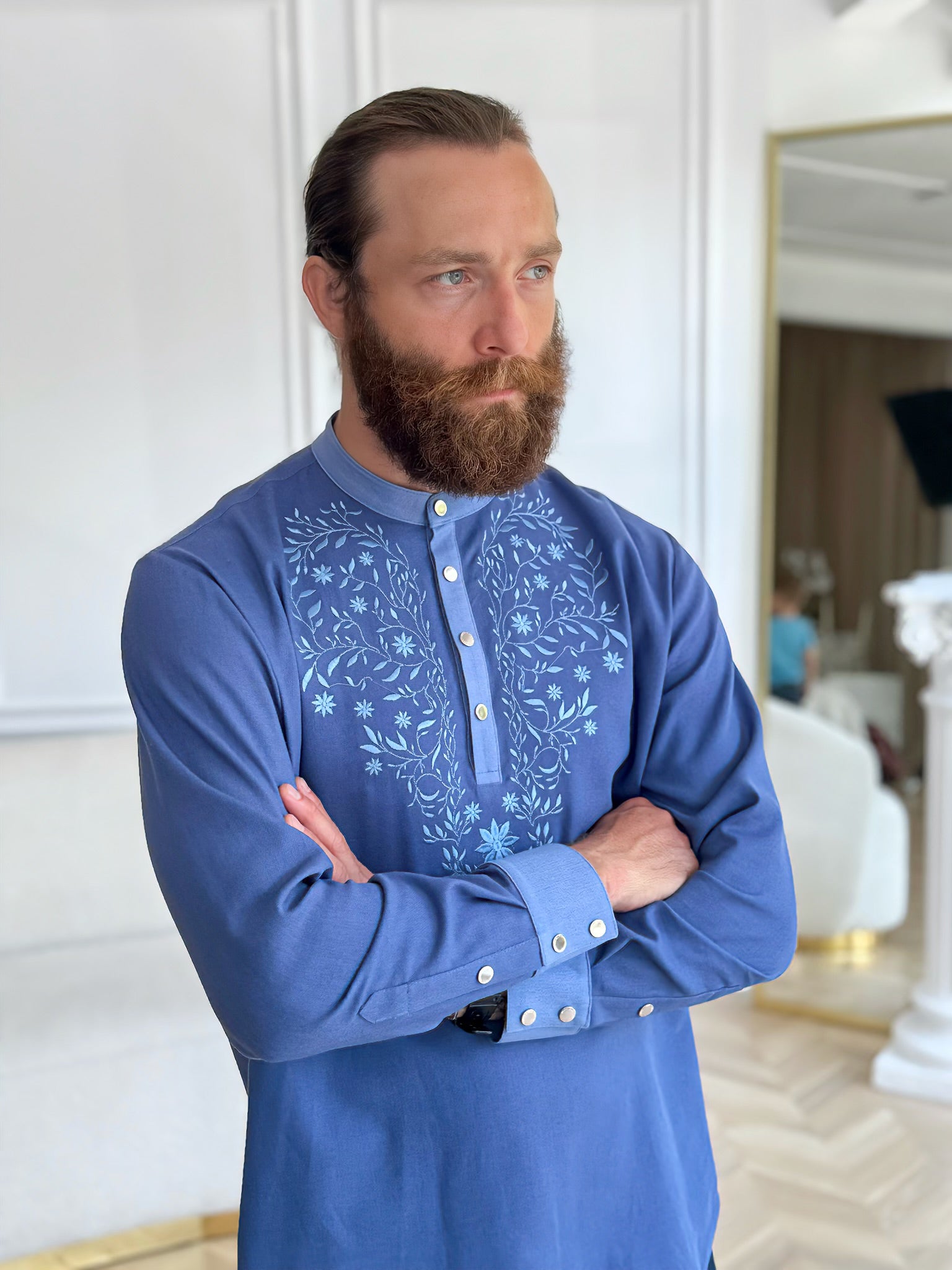 Men’s Linen Shirt with Handmade Blue Embroidery