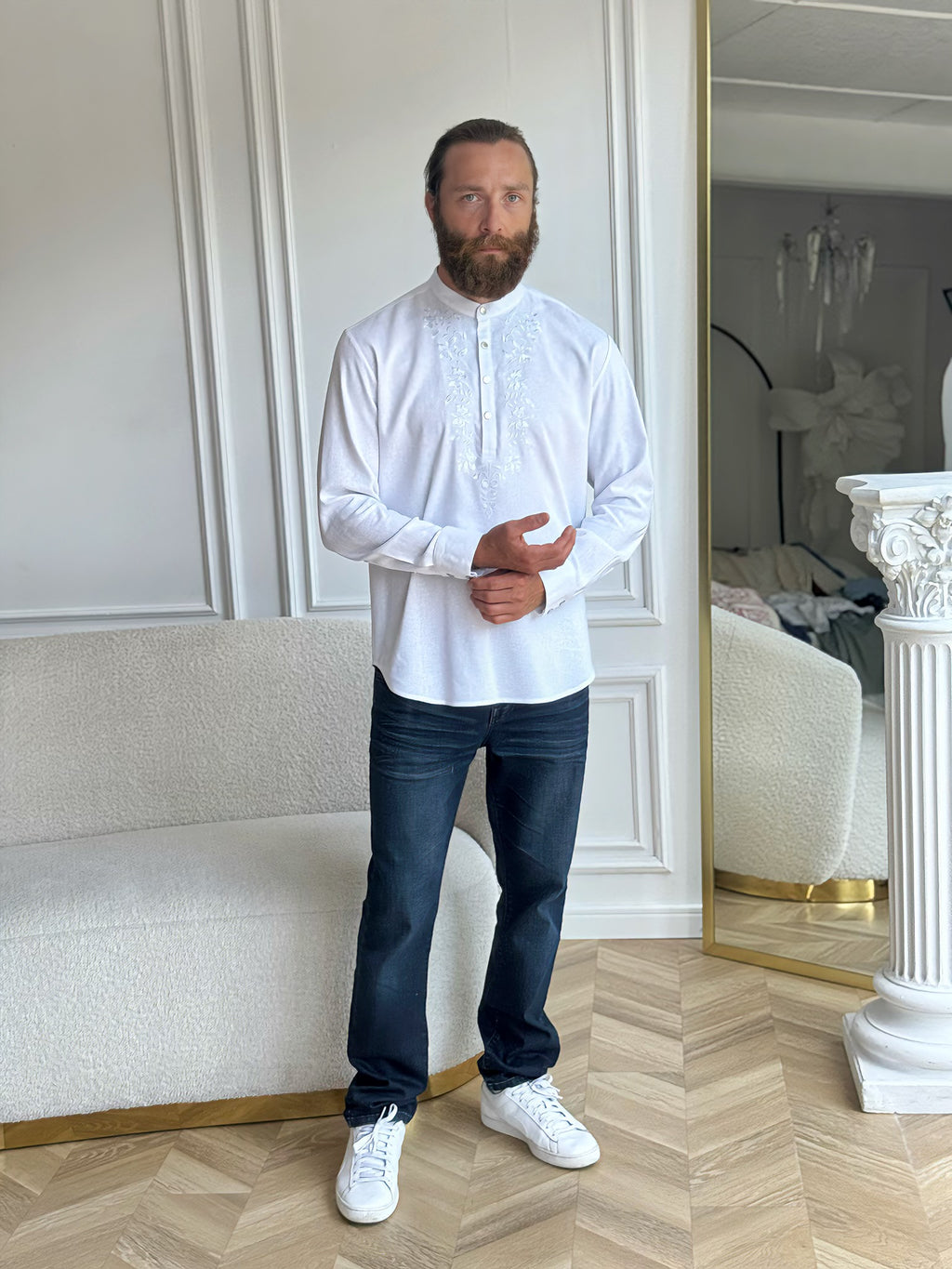 Men's plus size embroidered white shirt