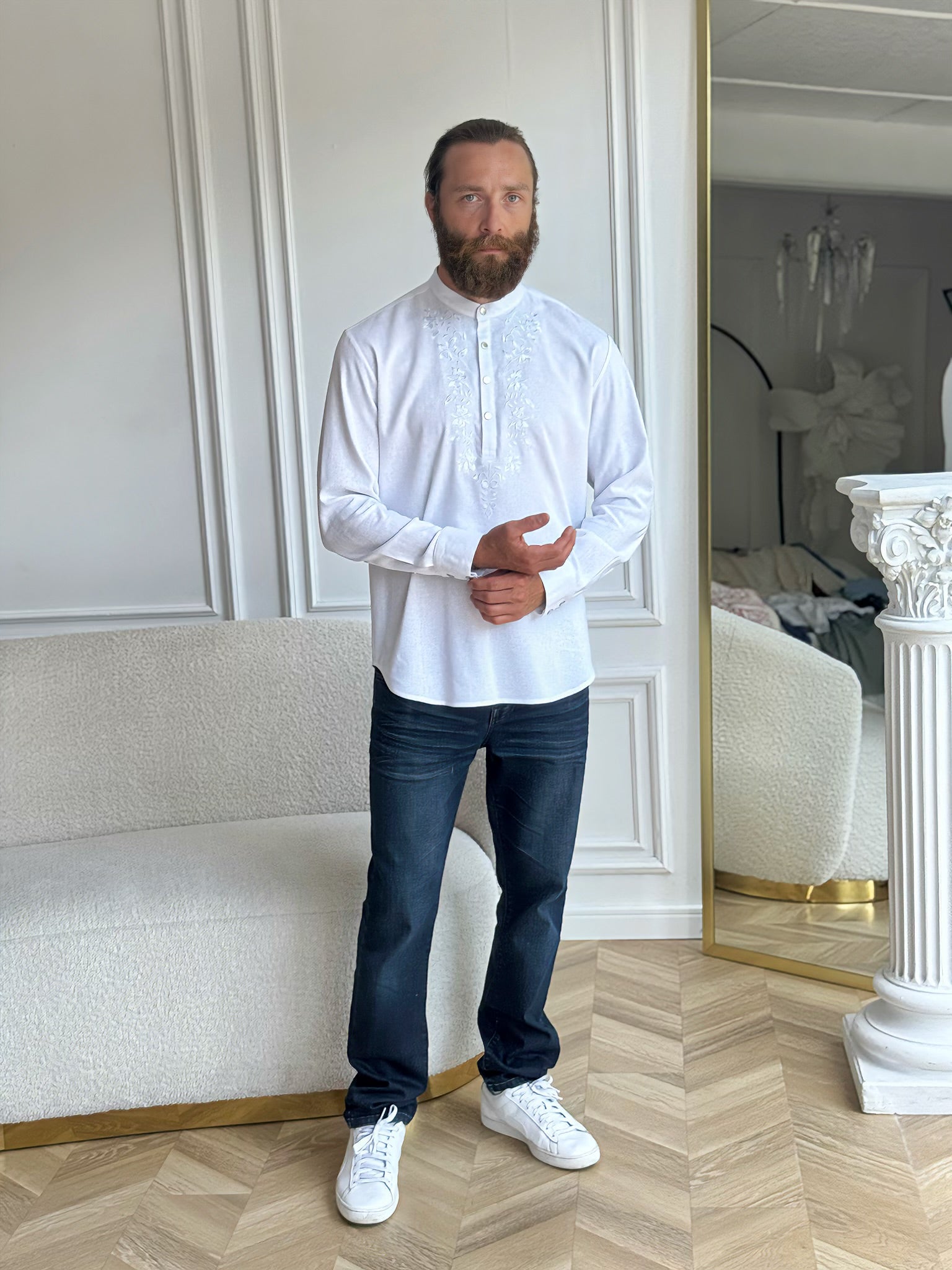 Men's plus size embroidered white shirt