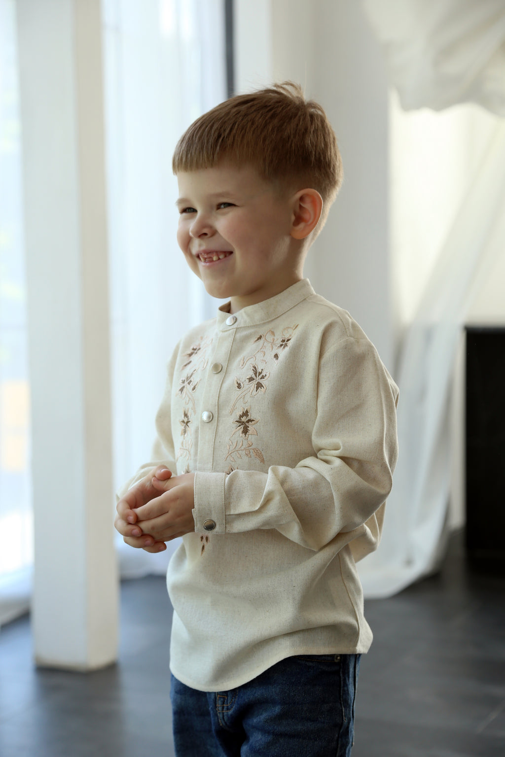 Natural Beige Boys Shirt with Ethnic Embroidery