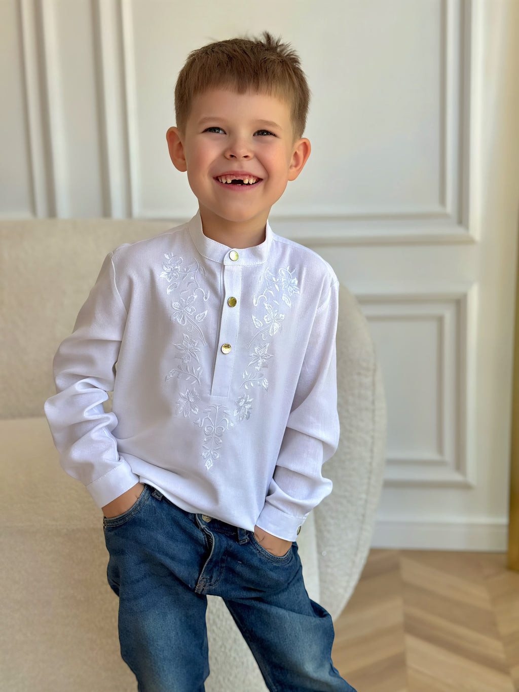 Boys Family Look Shirt with Tonal Embroidery